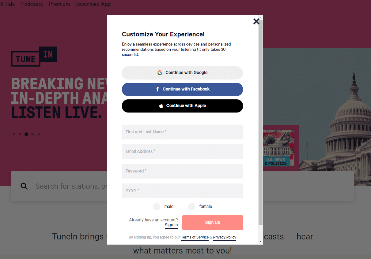 sign up for a tunein account