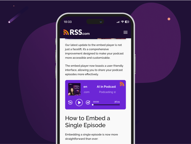 Visualizzazione mobile di un lettore di podcast incorporabile integrato in un post di blog, che mostra un episodio intitolato "AI in Podcasting" con controlli di riproduzione, fornendo un'interfaccia personalizzabile e intuitiva per la condivisione di episodi di podcast.