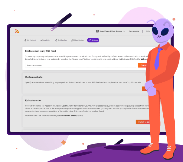 Panel de configuraciones de podcast en RSS.com que muestra opciones para habilitar el correo electrónico en el feed RSS, especificar un sitio web personalizado y ajustar el orden de los episodios, con una ilustración de un personaje en traje junto a la interfaz.